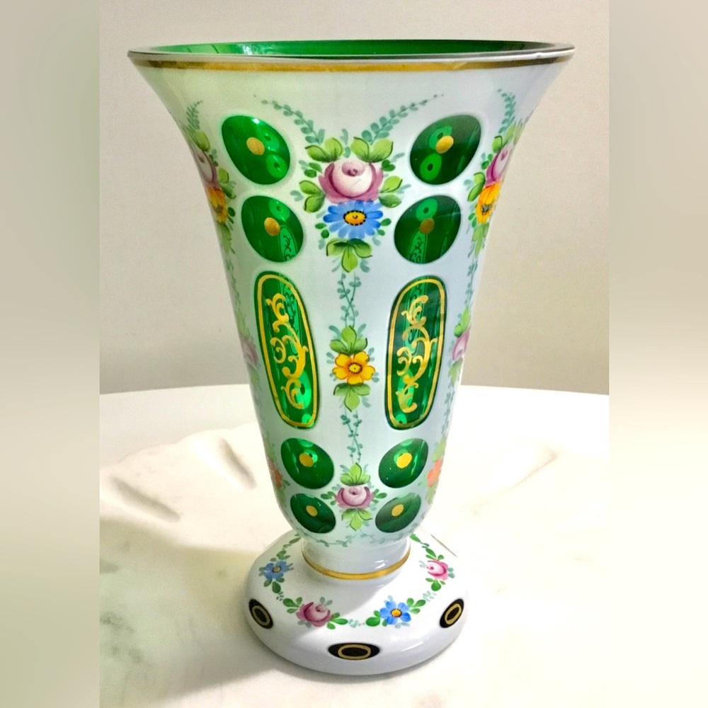 Vintage Czech Bohemian Hand-blown Overlay Glass Crystal Vase